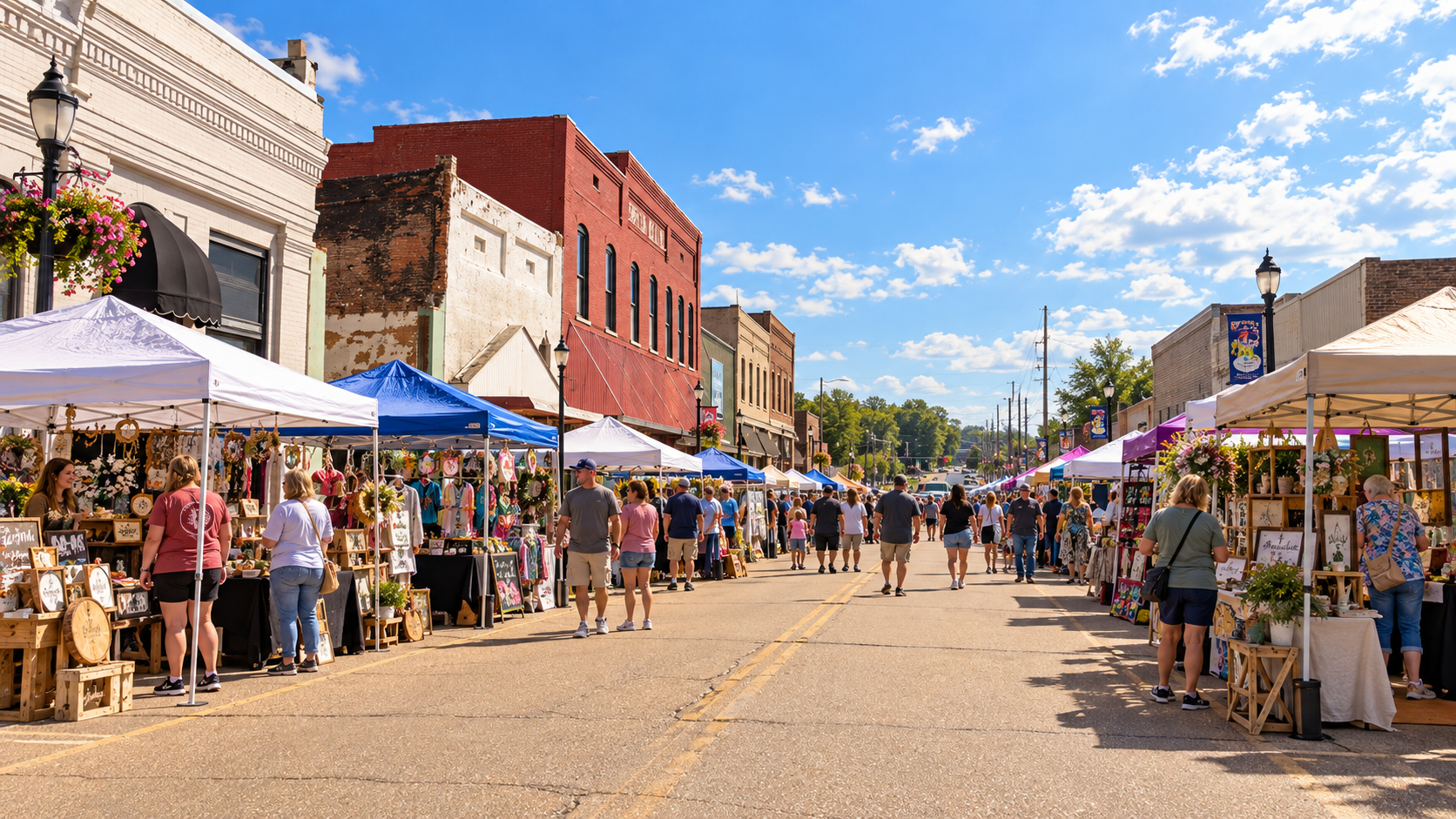 AI-generated concept visualization of a lively street market with vendors and visitors in a historic downtown setting
